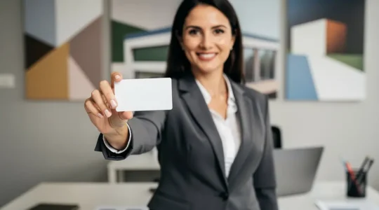 Agent immobilier présentant sa carte professionnelle avec un bureau moderne en arrière-plan