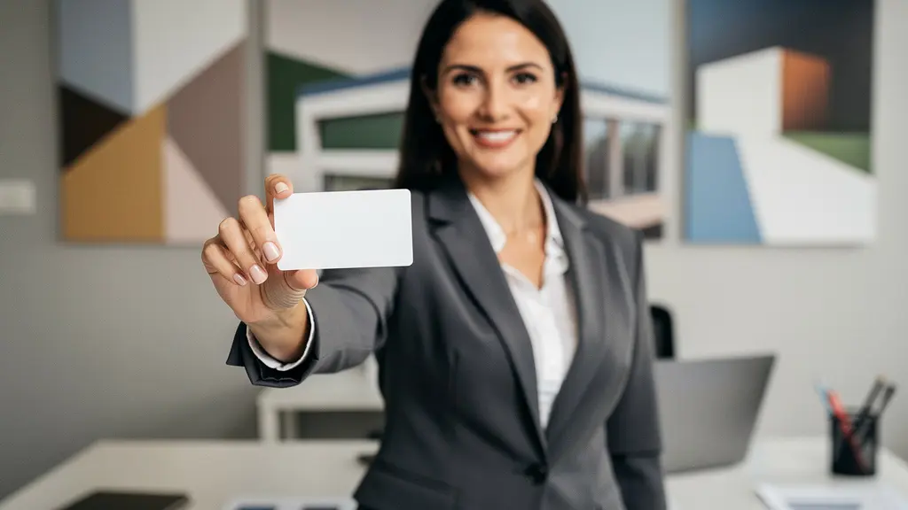 Agent immobilier présentant sa carte professionnelle avec un bureau moderne en arrière-plan
