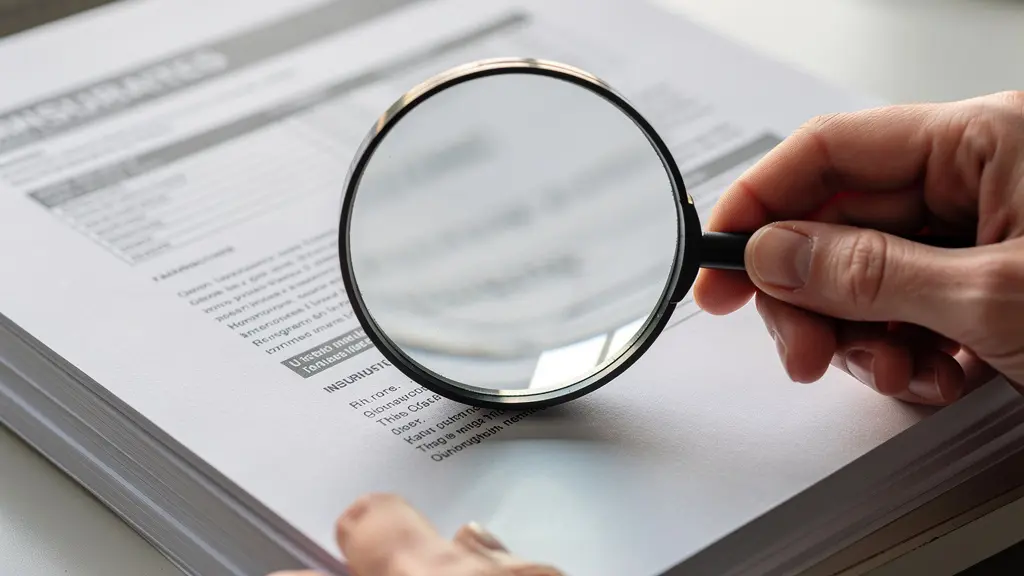 Gros plan sur des mains examinant des documents d'assurance avec une loupe