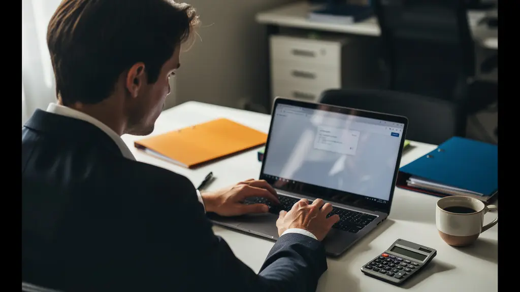 Personne consultant ses comptes bancaires sur ordinateur avec documents notariés flous en arrière-plan