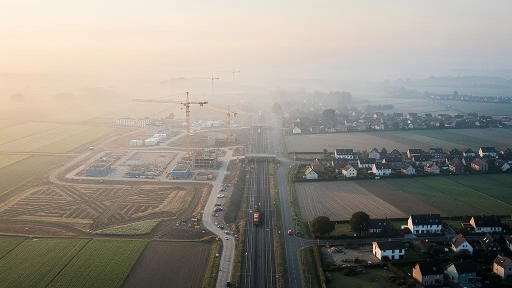 Vue aérienne d'un territoire périurbain en mutation avec chantier ferroviaire et développement urbain