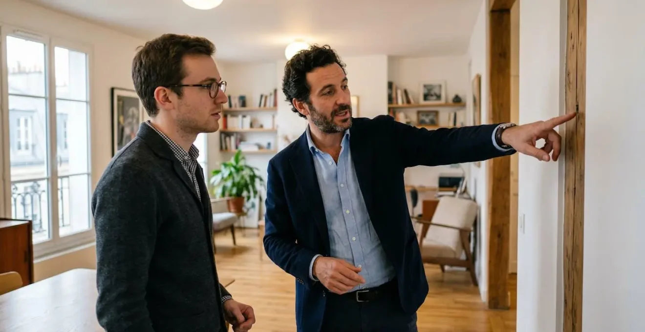 Expert immobilier présentant son analyse à un client dans un appartement parisien