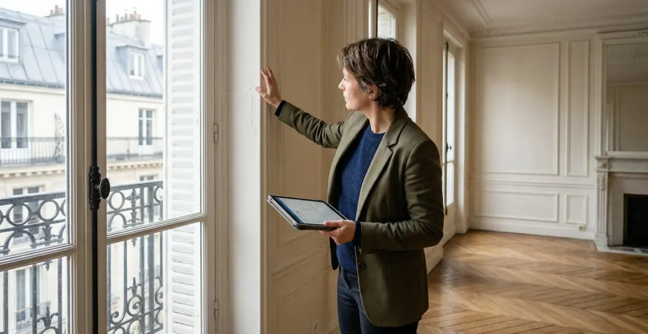 Expert immobilier inspectant un appartement haussmannien à Paris pour évaluation neutre