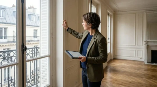 Expert immobilier inspectant un appartement haussmannien à Paris pour évaluation neutre