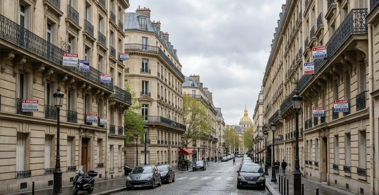 Façade d'immeuble haussmannien parisien avec plusieurs panneaux immobiliers à vendre