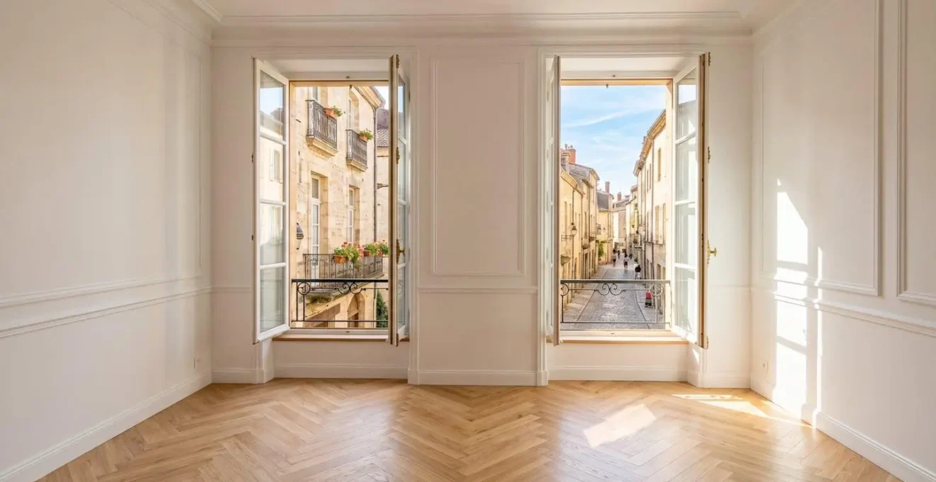 Intérieur d'un appartement rénové avec parquet clair et fenêtres ouvertes sur une rue de Castelnaudary