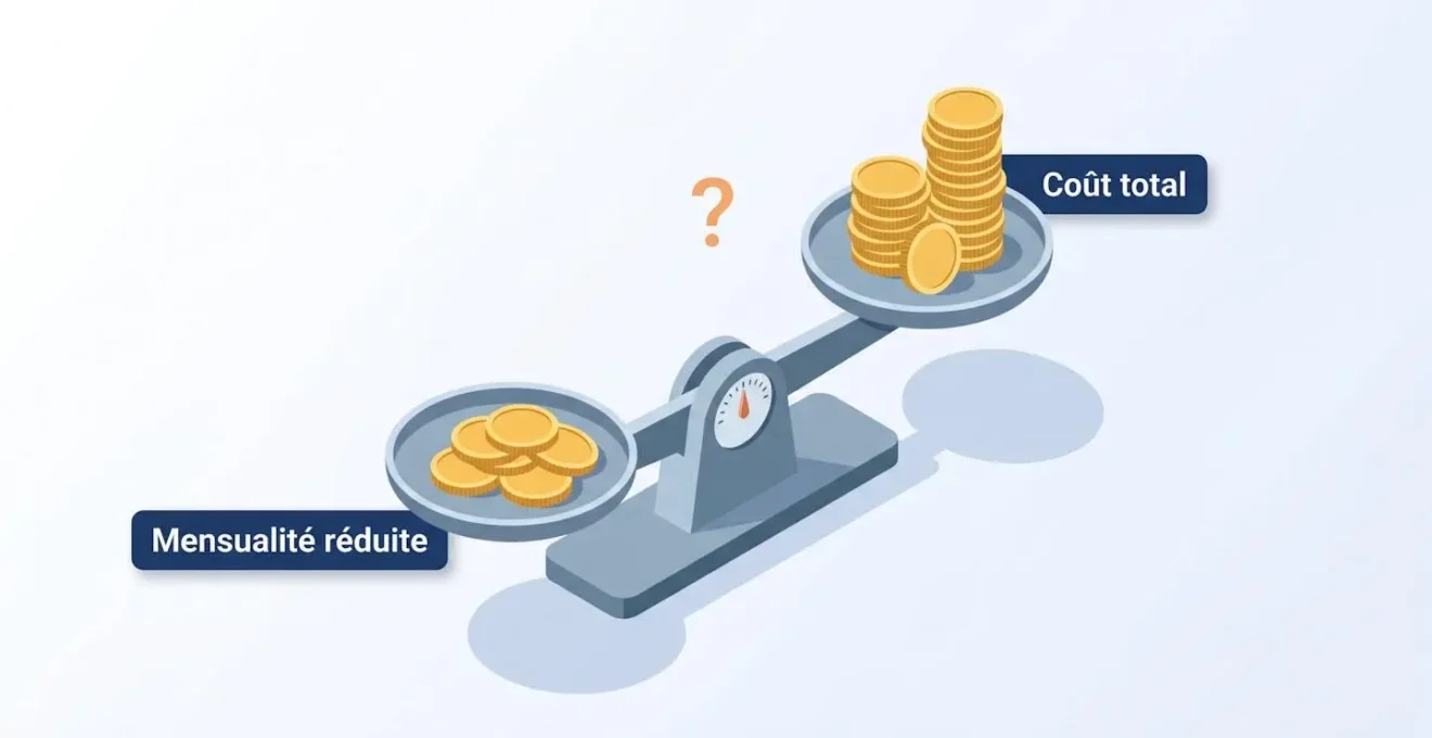 Balance en équilibre illustrant la comparaison entre mensualités réduites et coût total augmenté dans un rachat de crédit