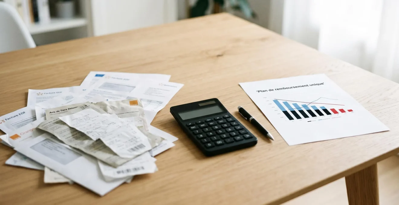 Calculatrice et document de plan de remboursement unique organisé sur une table, contrastant avec des factures de crédits multiples désordonnées, symbolisant la simplification financière