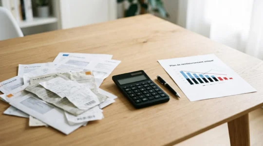 Calculatrice et document de plan de remboursement unique organisé sur une table, contrastant avec des factures de crédits multiples désordonnées, symbolisant la simplification financière