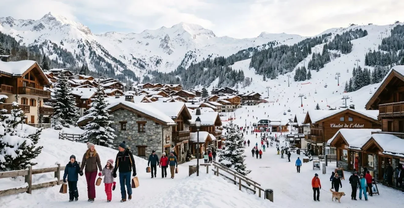 Vue panoramique d'un village de Courchevel enneigé avec des familles se promenant entre chalets et pistes