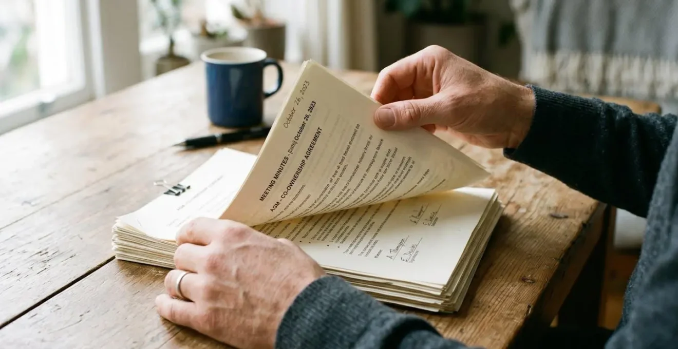 Des documents de copropriété étalés sur une table, une personne les consulte attentivement avant une décision d'achat