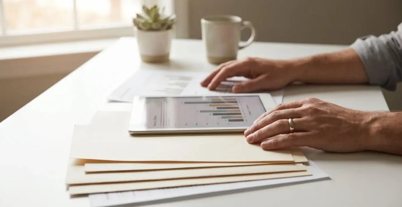 Vue sur un bureau avec des documents de prêt immobilier, une calculatrice et des graphiques de marché, main posée sur les papiers