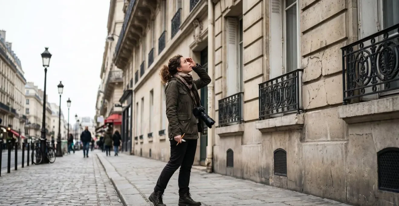 Une personne observe attentivement la façade et les balcons d'un immeuble ancien lors d'une inspection avant achat