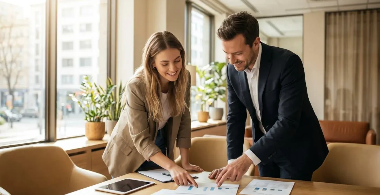 Jeune femme en consultation avec un conseiller bancaire, regardant ensemble des documents de financement immobilier dans une agence moderne