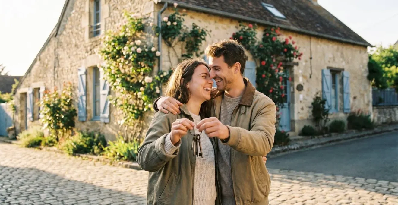 Jeune couple tenant des clés devant leur première maison acquise, souriant dans une rue résidentielle ensoleillée