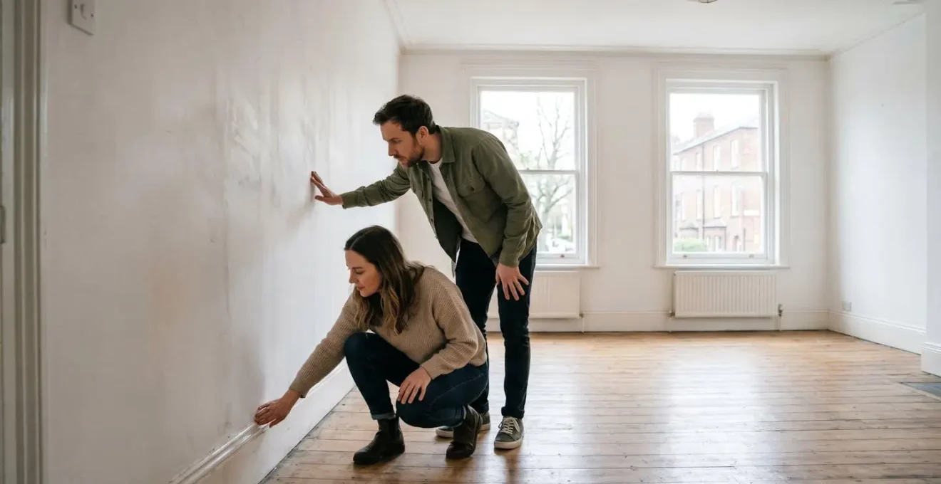 Un couple examine attentivement les détails d'un appartement lors d'une visite, lumière naturelle traversant les fenêtres