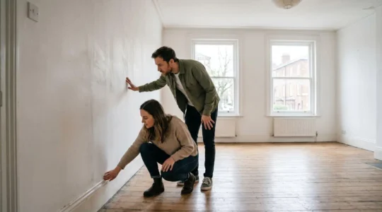 Un couple examine attentivement les détails d'un appartement lors d'une visite, lumière naturelle traversant les fenêtres