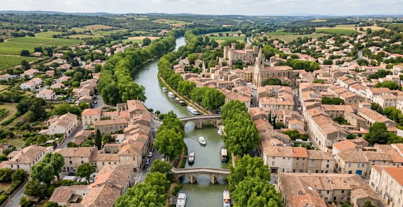 Vue aérienne de Castelnaudary avec le canal du Midi et des immeubles résidentiels en arrière-plan