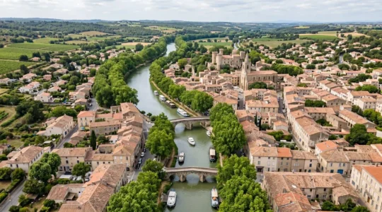 Vue aérienne de Castelnaudary avec le canal du Midi et des immeubles résidentiels en arrière-plan