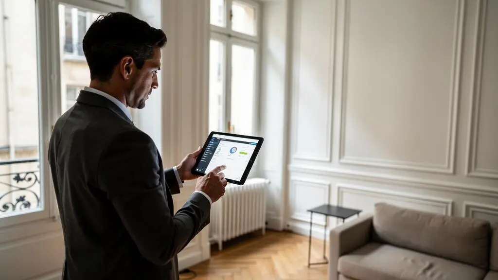 Expert immobilier consultant des données d'évaluation sur tablette numérique lors d'une inspection sur site dans une propriété française.