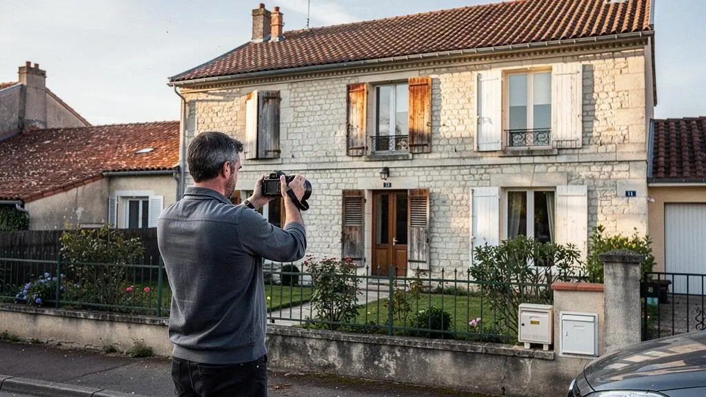 Expert immobilier photographiant et examinant la façade extérieure d'une maison résidentielle française lors d'une évaluation.