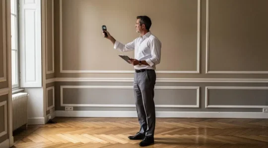 Expert immobilier certifié mesurant les dimensions d'une pièce lors d'une évaluation de propriété résidentielle en France.