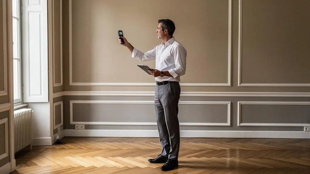 Expert immobilier certifié mesurant les dimensions d'une pièce lors d'une évaluation de propriété résidentielle en France.