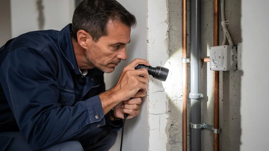 Expert en bâtiment inspectant de près les détails techniques et l'état structurel d'une propriété lors d'une expertise immobilière.