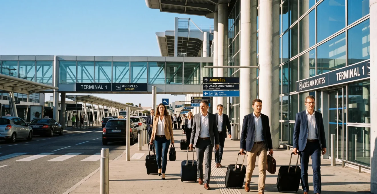 Terminal moderne de l'aéroport Nice Côte d'Azur avec voyageurs d'affaires en déplacement