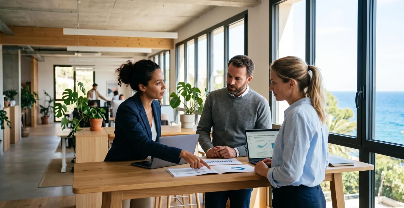 Équipe de professionnels en discussion collaborative debout autour d'une table haute dans un bureau lumineux avec vue méditerranéenne