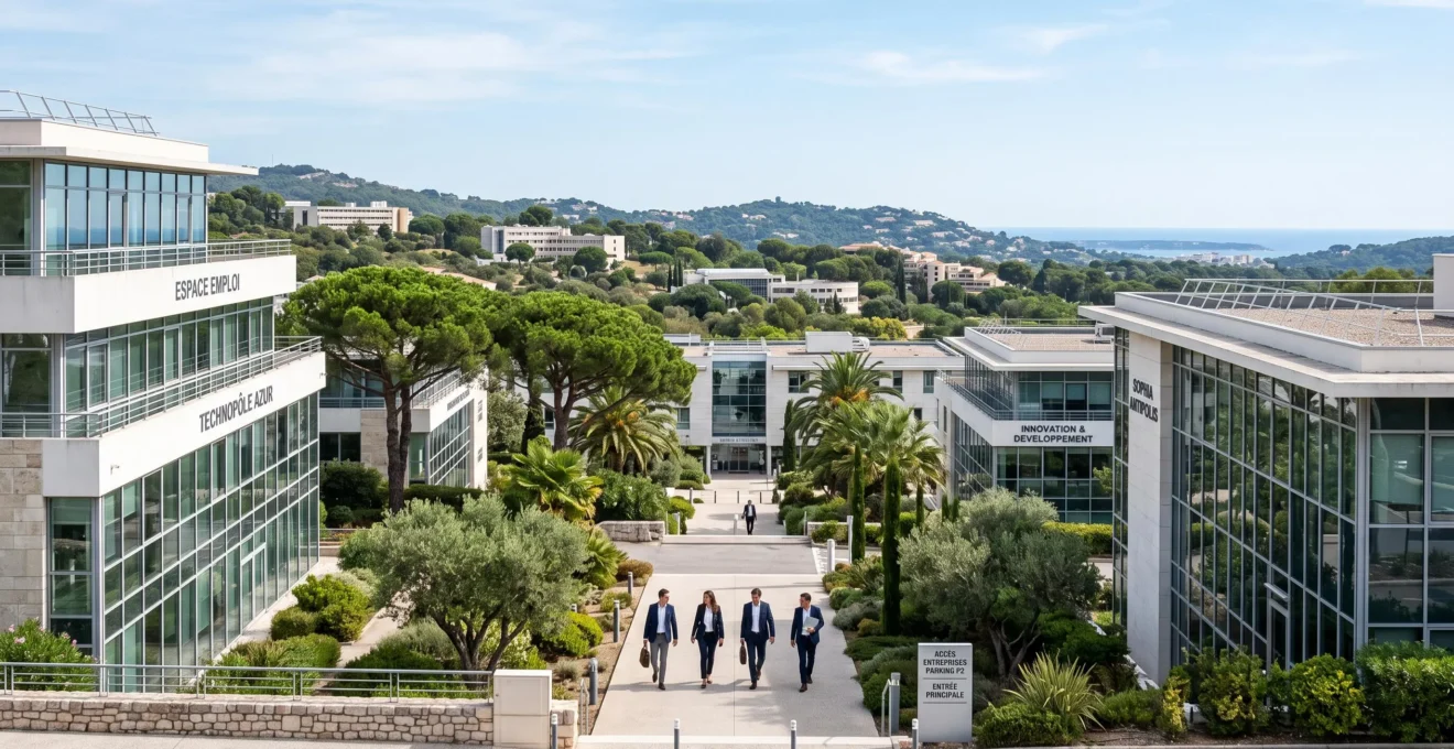 Parc d'activités moderne sur la Côte d'Azur avec immeubles de bureaux contemporains et végétation méditerranéenne