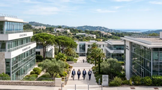 Parc d'activités moderne sur la Côte d'Azur avec immeubles de bureaux contemporains et végétation méditerranéenne