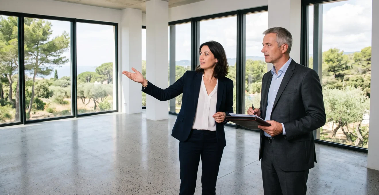 Deux professionnels visitant un plateau de bureaux moderne vide avec baies vitrées sur la Côte d'Azur