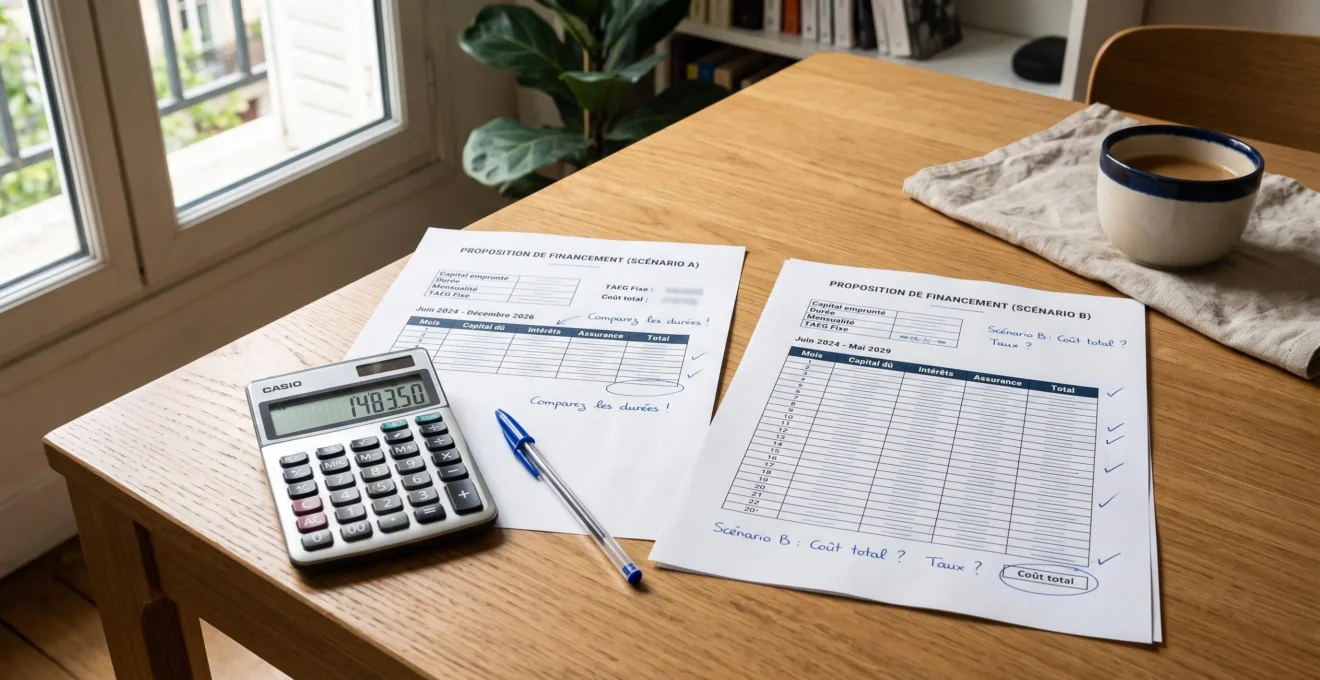 Documents de simulation de crédit et calculatrice disposés sur une table